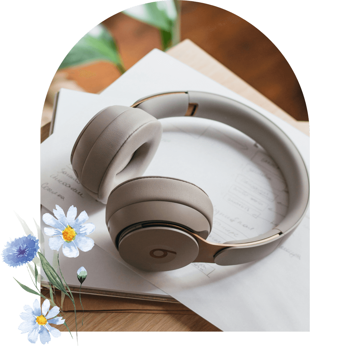 Headphones over paper - frame with blue flowers