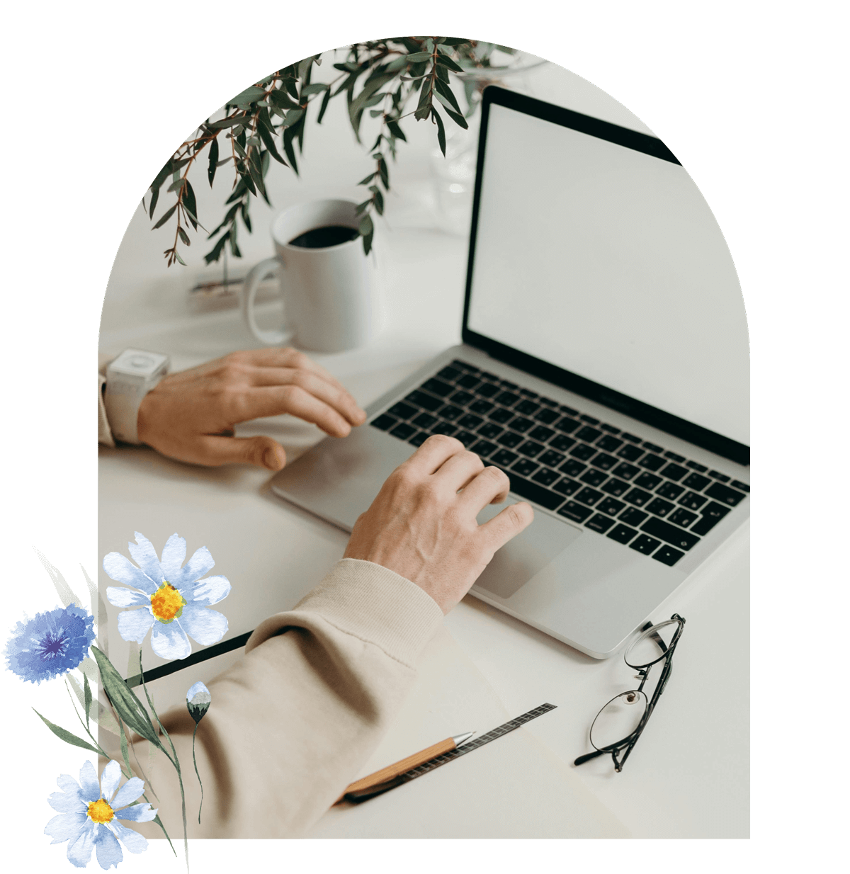 Typing on laptop - frame with blue flowers